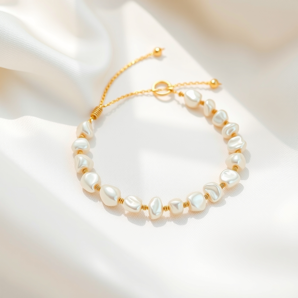 Bracelet de perles d'eau douce véritables posé sur du lin ivoire