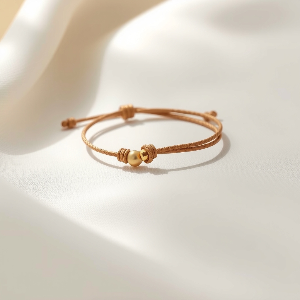 Bracelet cordon tressé en fil ciré et laiton doré posé sur du lin ivoire